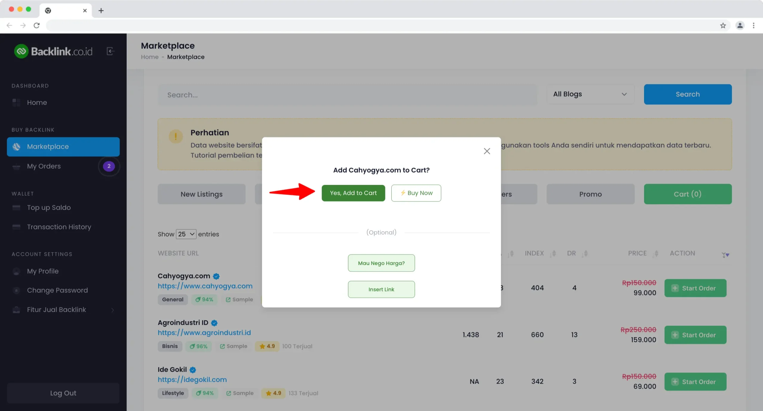 add to cart marketplace Backlinkcoid